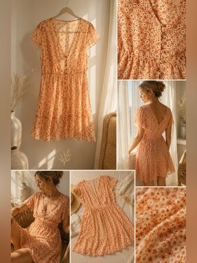 Women's Peach Floral V-Neck Mini Dress - Romantic Summer Print